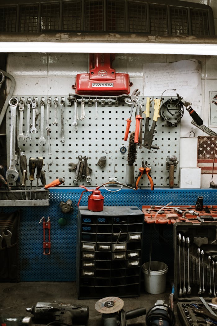 Services Neatly arranged tools in an auto repair workshop display efficiency and readiness.